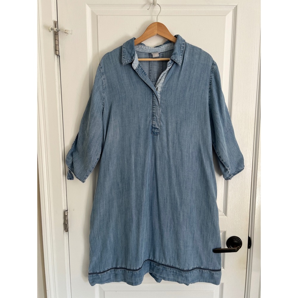 Chico's Size 3 Denim Chambray Shirt Dress Women's Blue Ladder Lace Trim XL 16/18